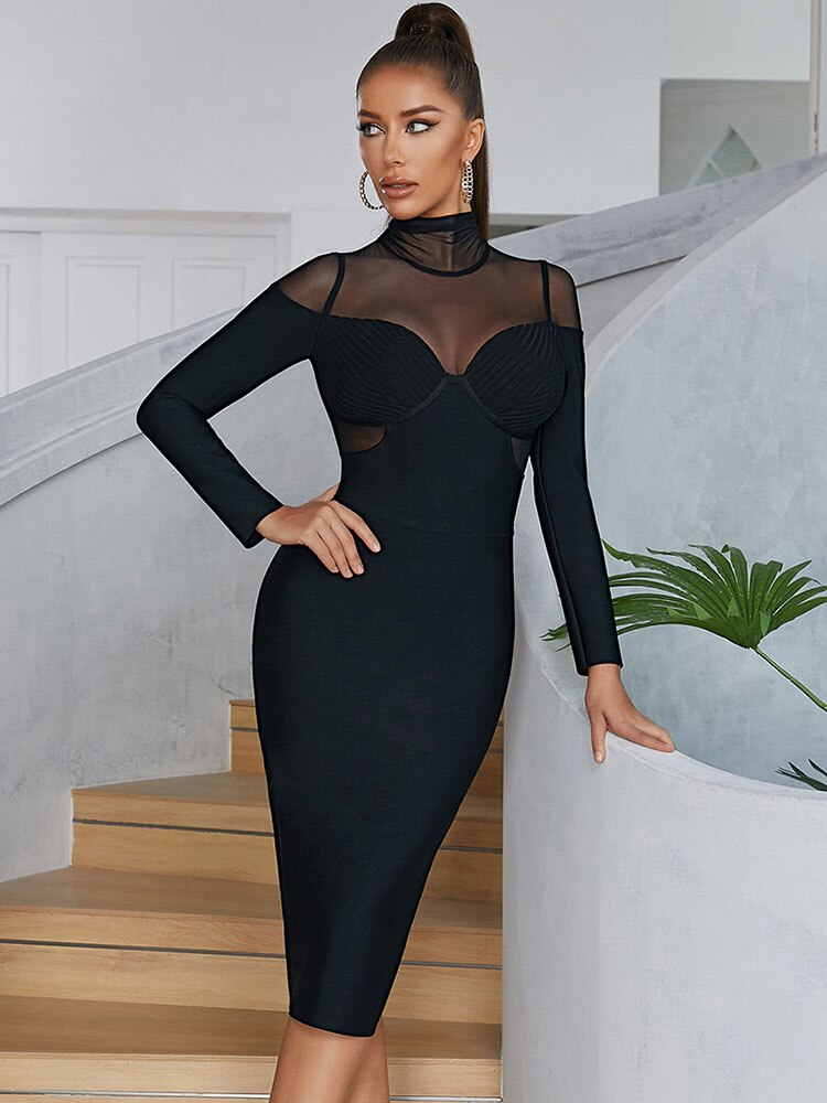 Tulle Patchwork Stand Collar Long Sleeve Bandage Dress