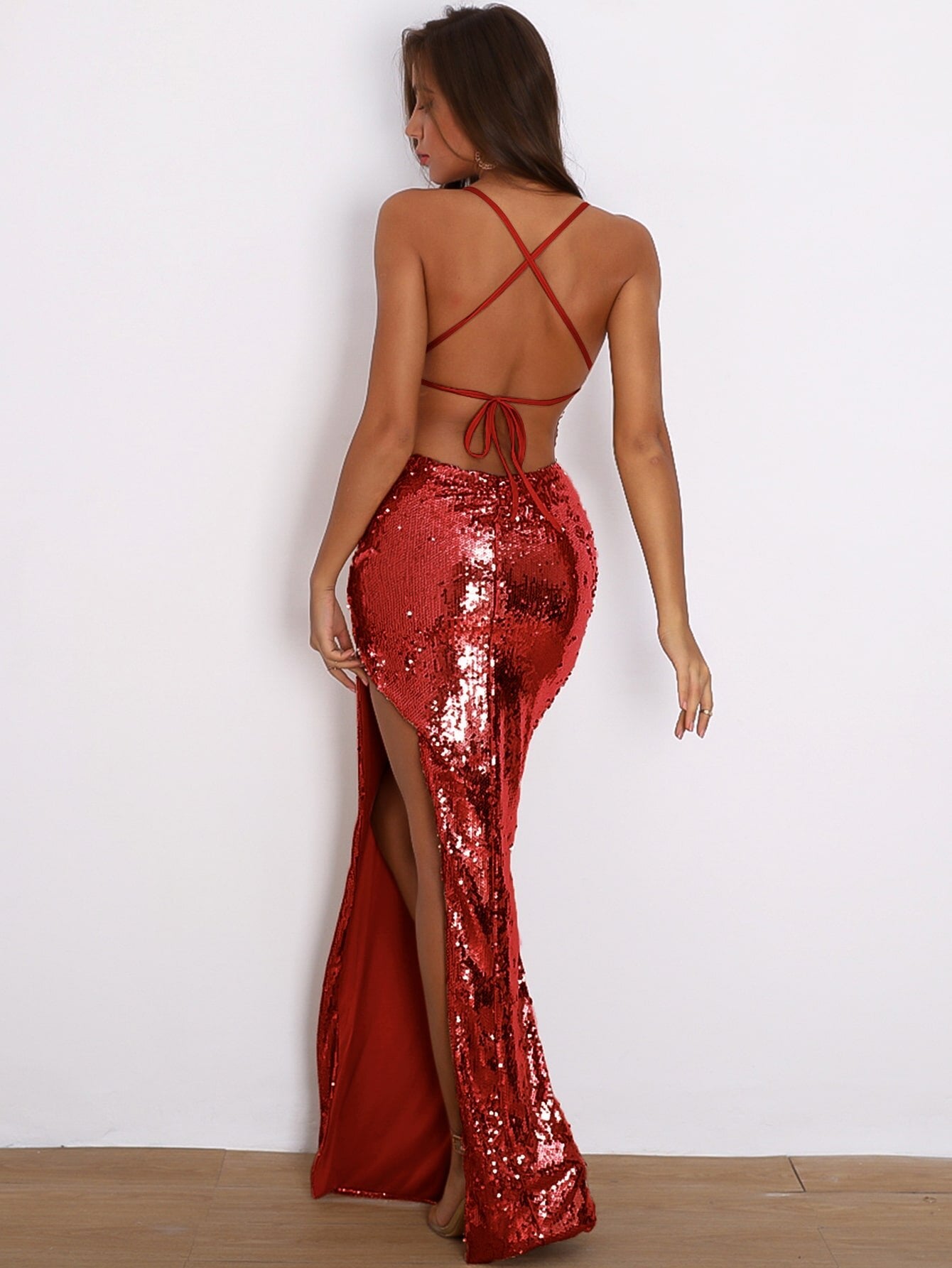 Strap Backless Split Sequins Prom Maxi Dress