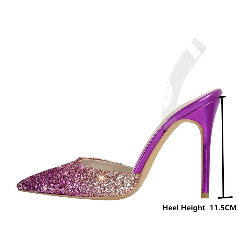 Pointed Toe Sequined Sling Back Thin Heel PVC Shoes