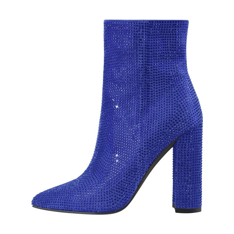 Rhinestones Pointed Toe Zipper Square Heels Boots