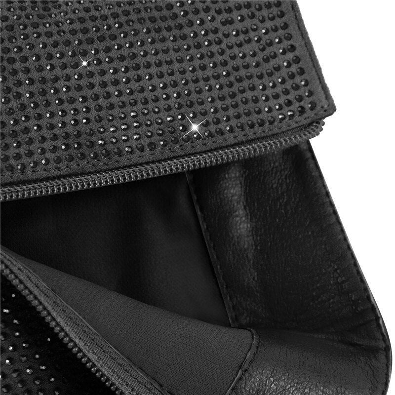 Rhinestones Pointed Toe Zipper Square Heels Boots