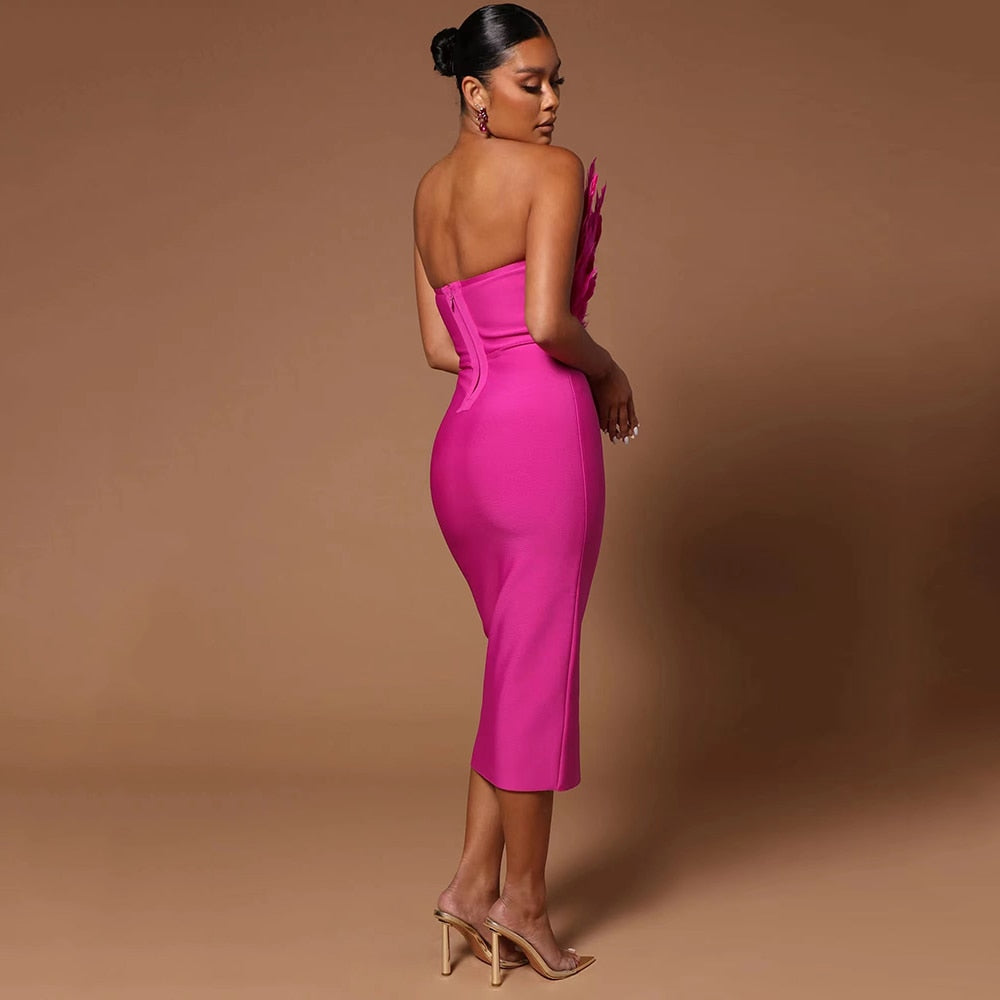 Strapless Backless Feather Decor Bandage Dress