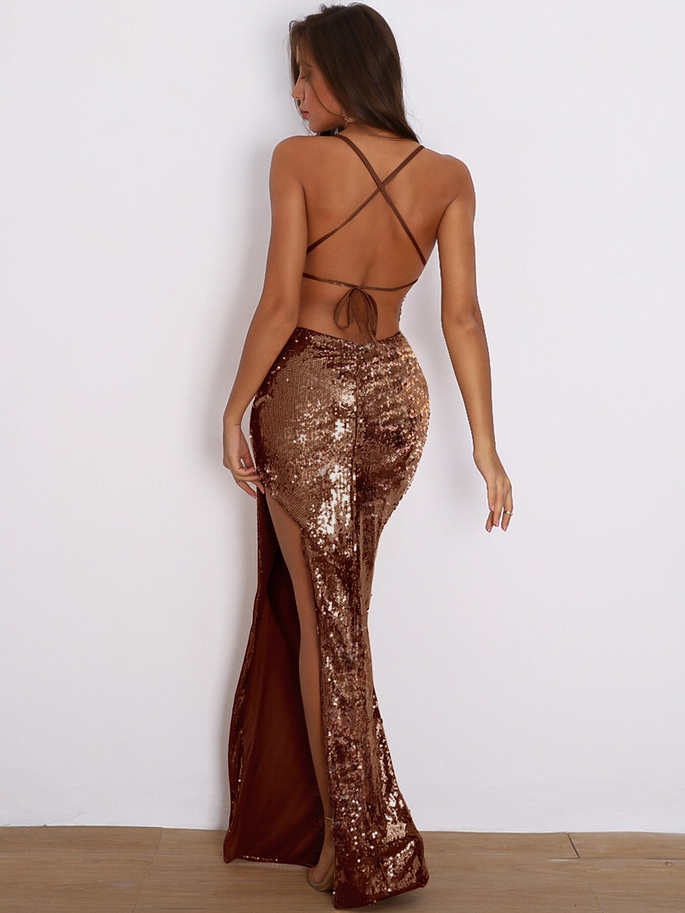 Strap Backless Split Sequins Prom Maxi Dress