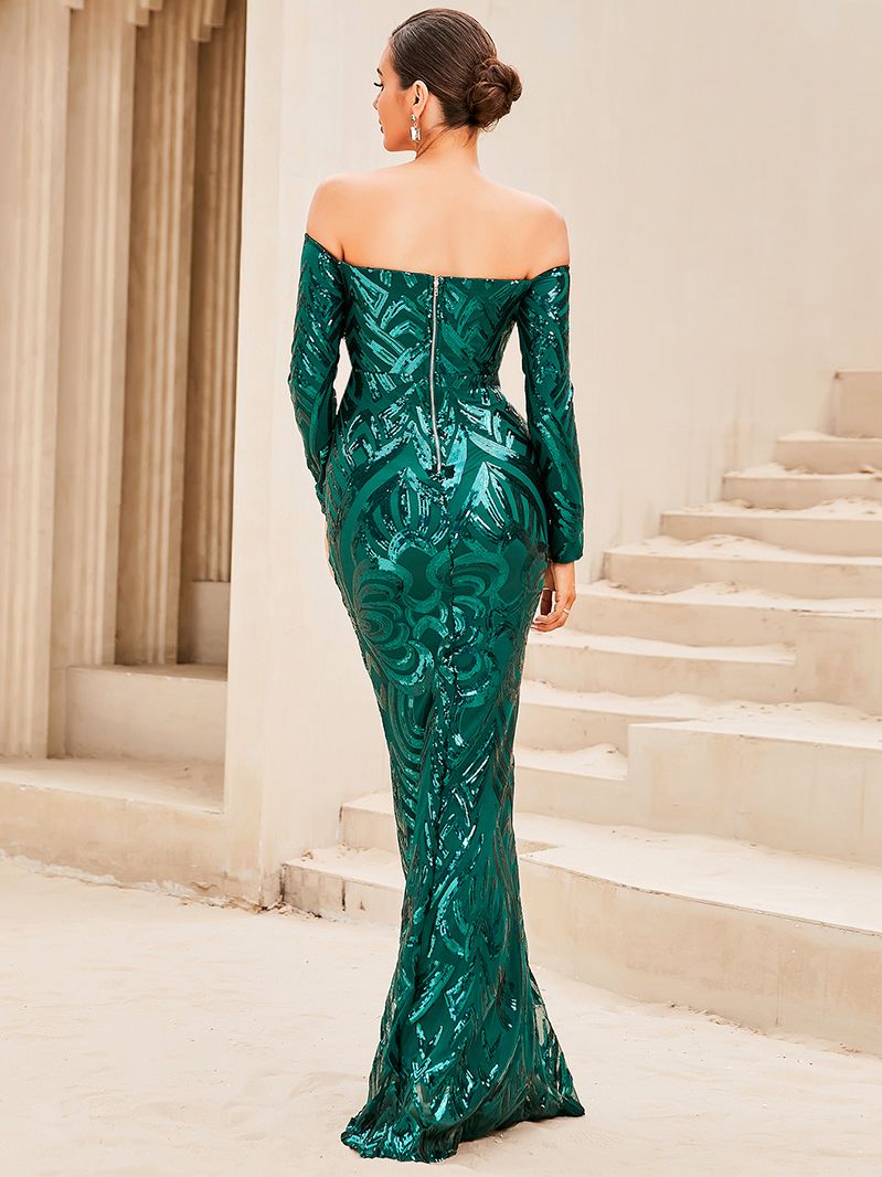 Bandeau Long Sleeve Geometric Sequin Mermaid Dress