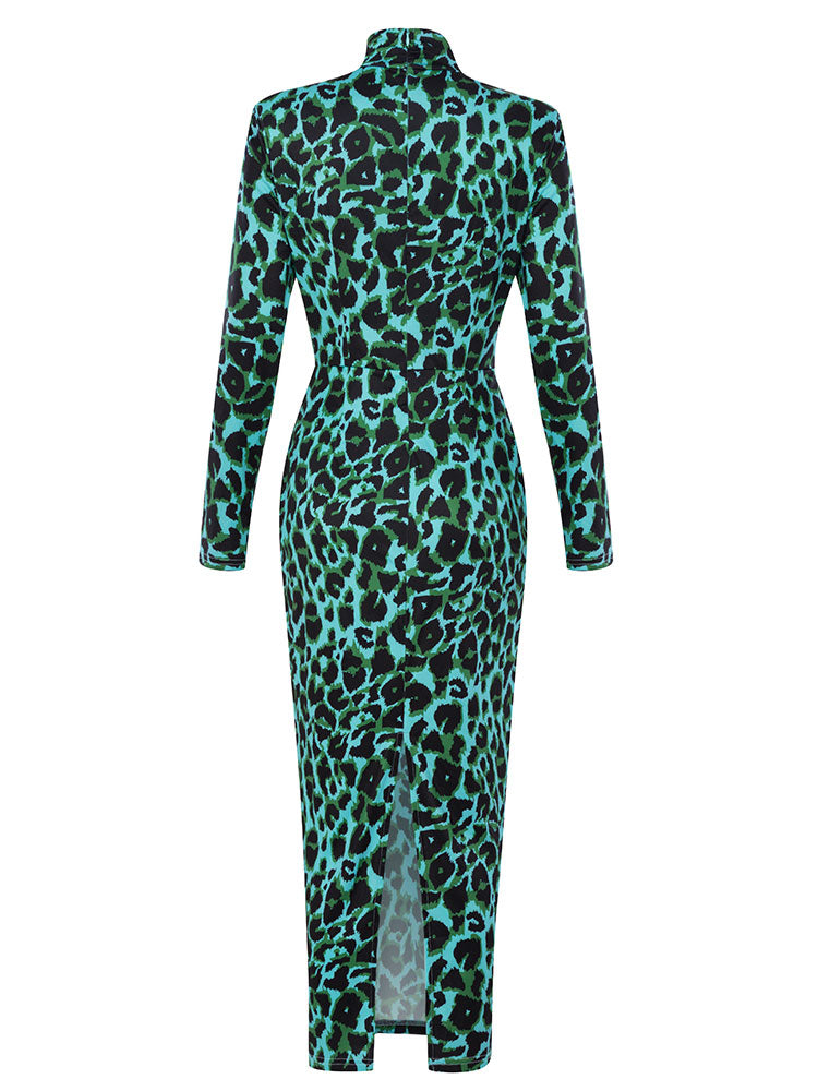 Leopard Print Stand Neck Long Sleeve Split Dress