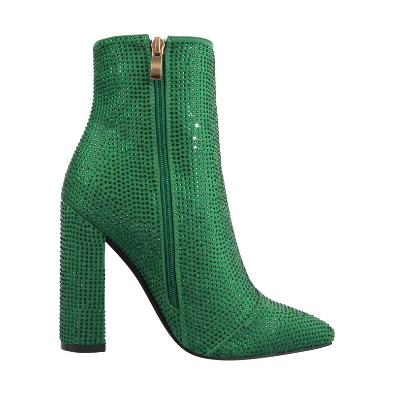 Rhinestones Pointed Toe Zipper Square Heels Boots