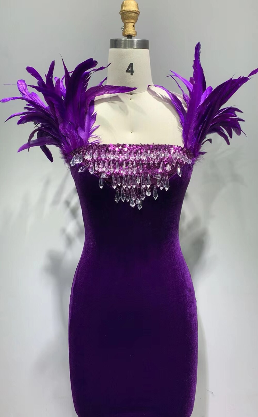 Feather Sequin Crystal Off Shoulder Velvet Dress