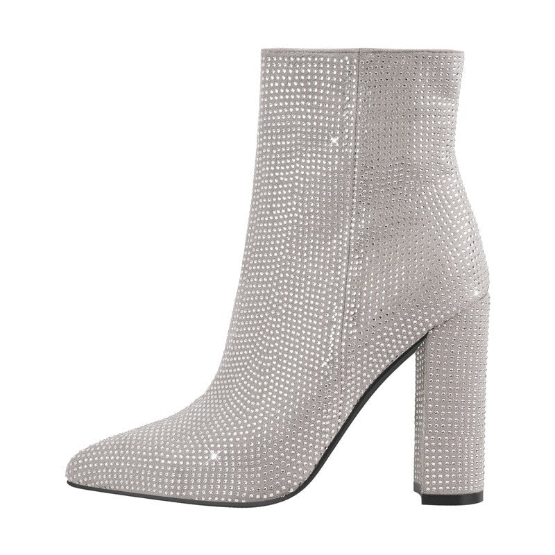 Rhinestones Pointed Toe Zipper Square Heels Boots