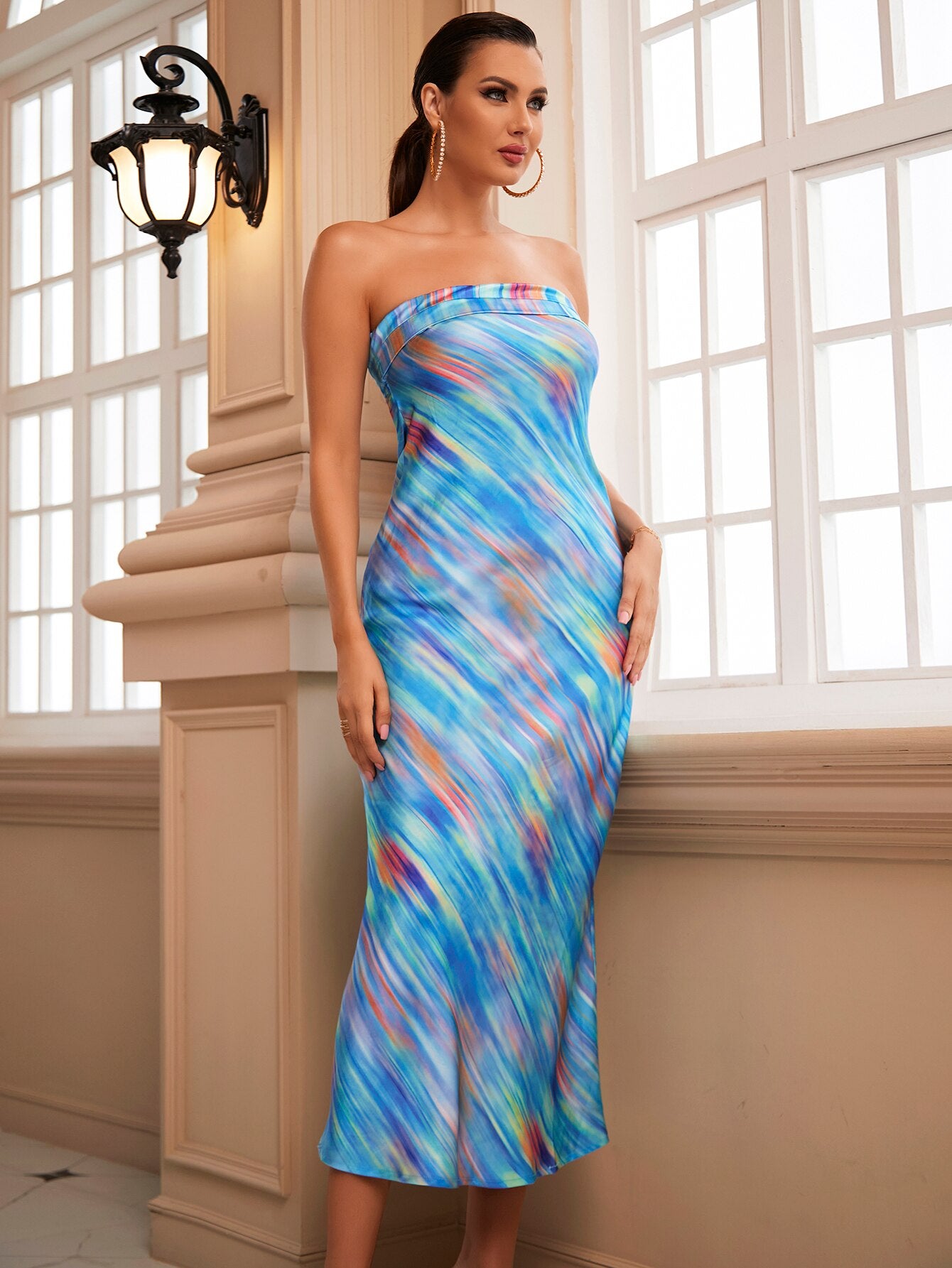Tube Top Sleeveless Fitted Mainland Print Mid Dress