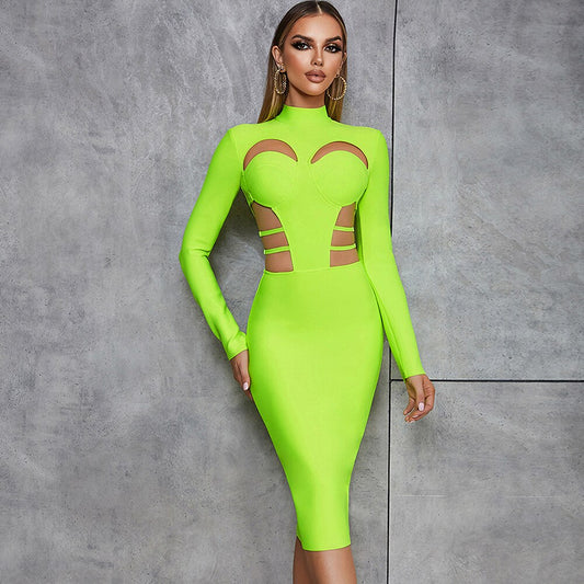 Half high Neck Hollow Out Long Sleeve Bandage Mid Dress