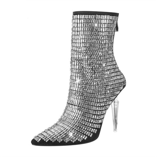 Crystal Pointed Toe Back Zipper Metal Thin Heel Ankle Boots