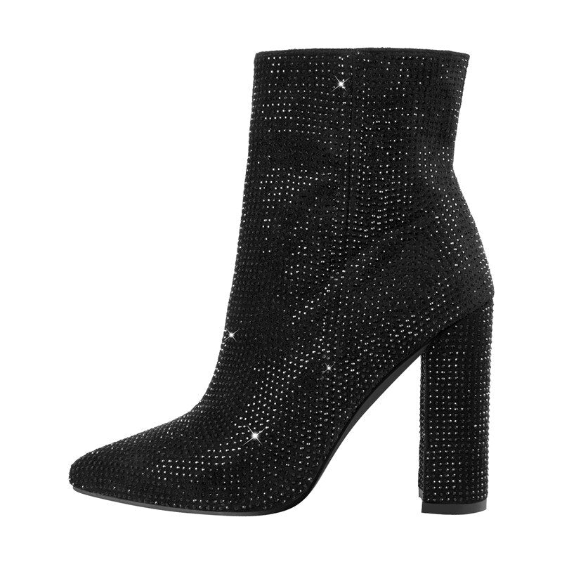 Rhinestones Pointed Toe Zipper Square Heels Boots