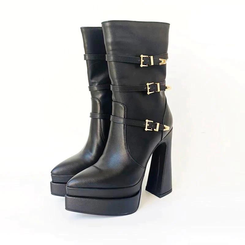 Thick Platform Buckled Mid Calf Boots