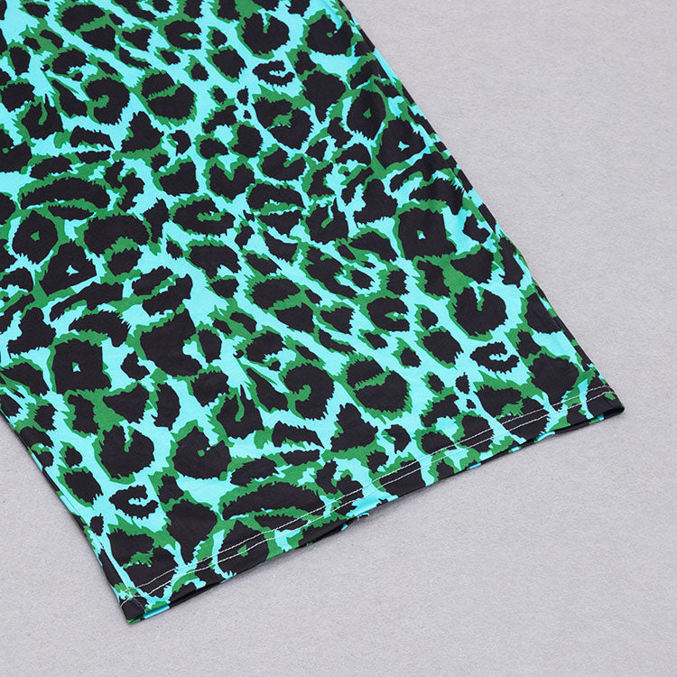 Leopard Print Stand Neck Long Sleeve Split Dress