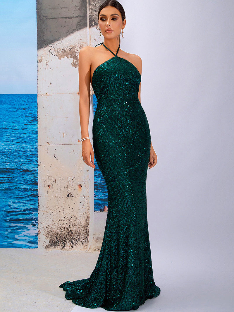 Tube Top Halter Sleeveless Tunic Sequin Mermaid Maxi Dress