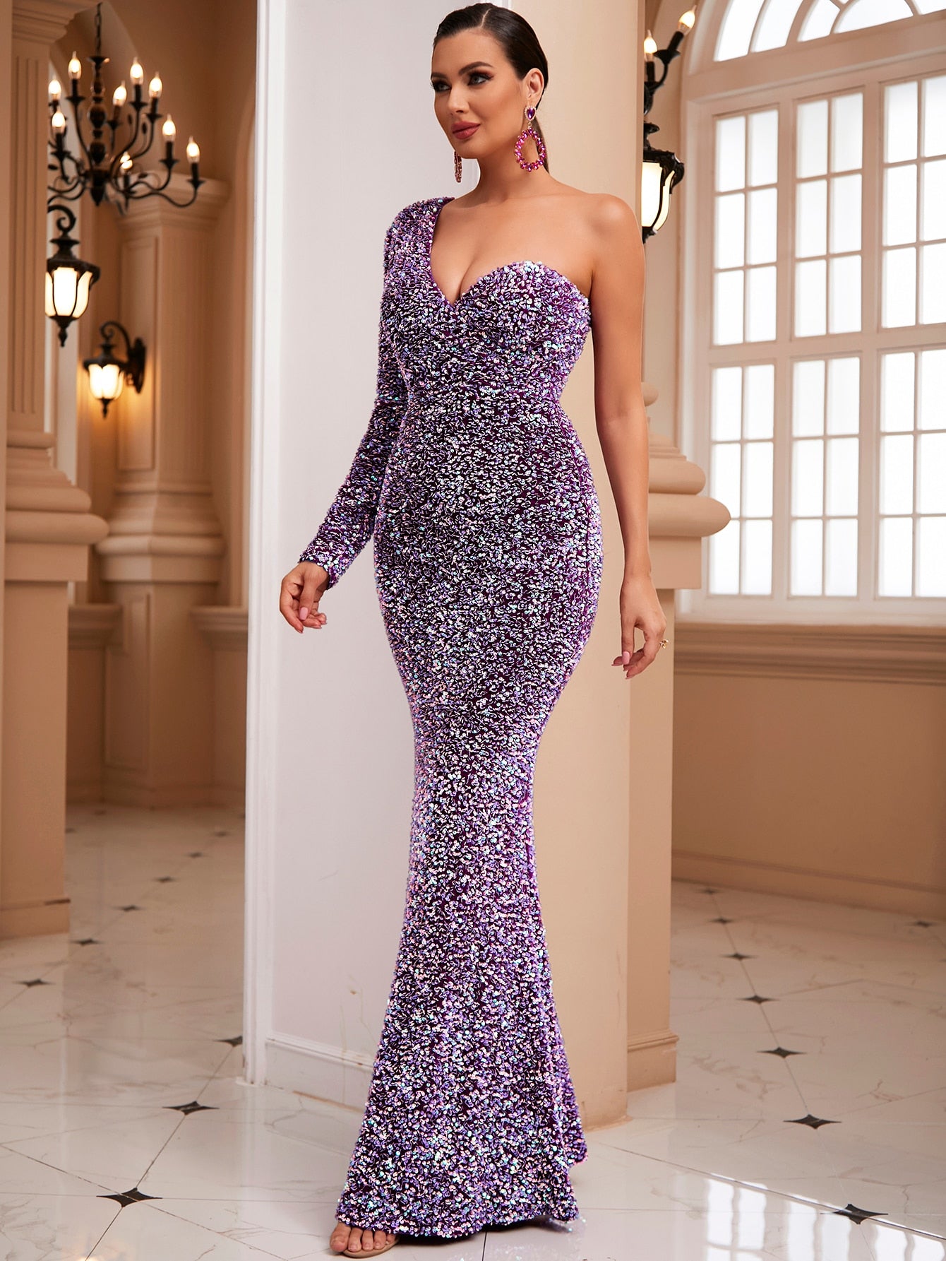 One Shoulder Mermaid Hem Sequins Formal Maxi Dress