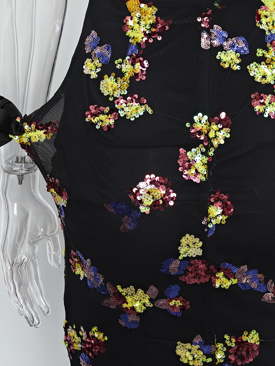 V Neck Ruffle Trim Floral Sequin Formal Corset Maxi Dress