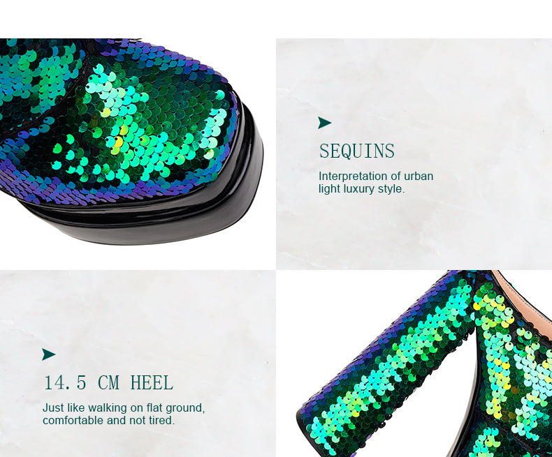 Sequin Platform Thick Square Heels Shoes