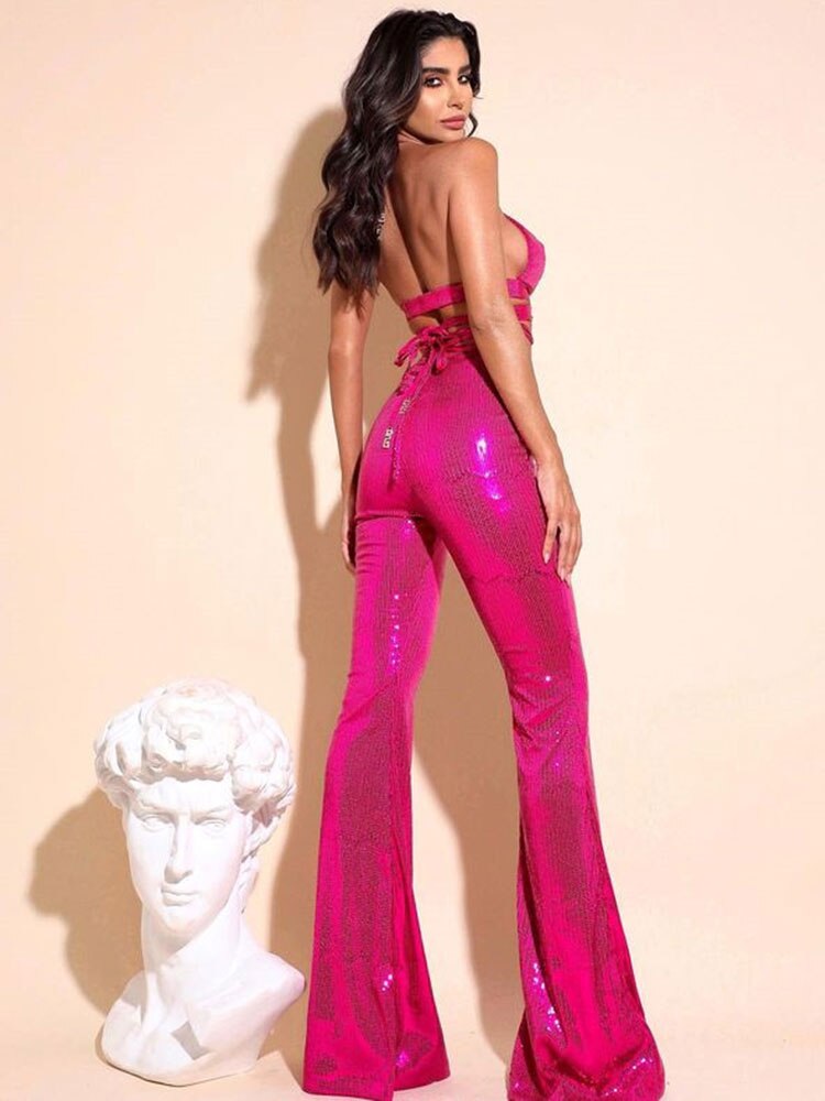 Sequin Sleeveless Hollow Out Back Lace-Up Top Flare Trousers Set