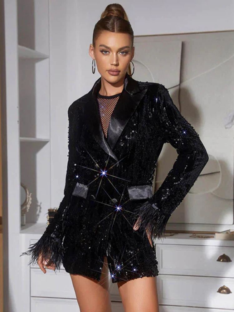 V-Neck Long Sleeves Sequin Feather Blazer