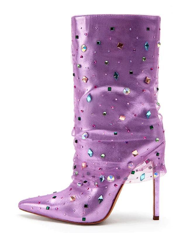 Diamonds Crystal Mesh Pointed Toe High Heels Mid calf Boots