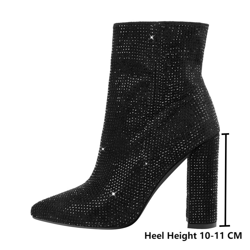 Rhinestones Pointed Toe Zipper Square Heels Boots