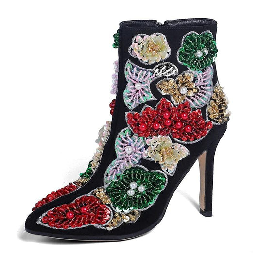 Pointed Toe Embroidery Crystal Ankle Boots