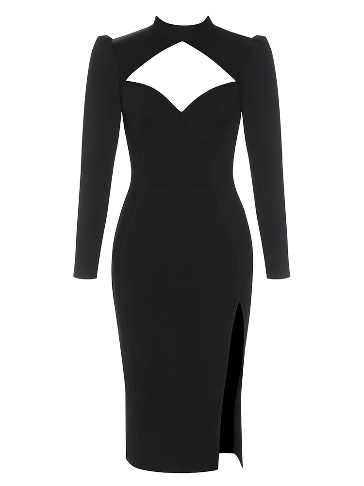 Stand Collar Long Sleeve Hollow Out Split Bandage Dress