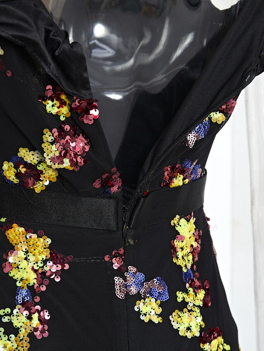 V Neck Ruffle Trim Floral Sequin Formal Corset Maxi Dress