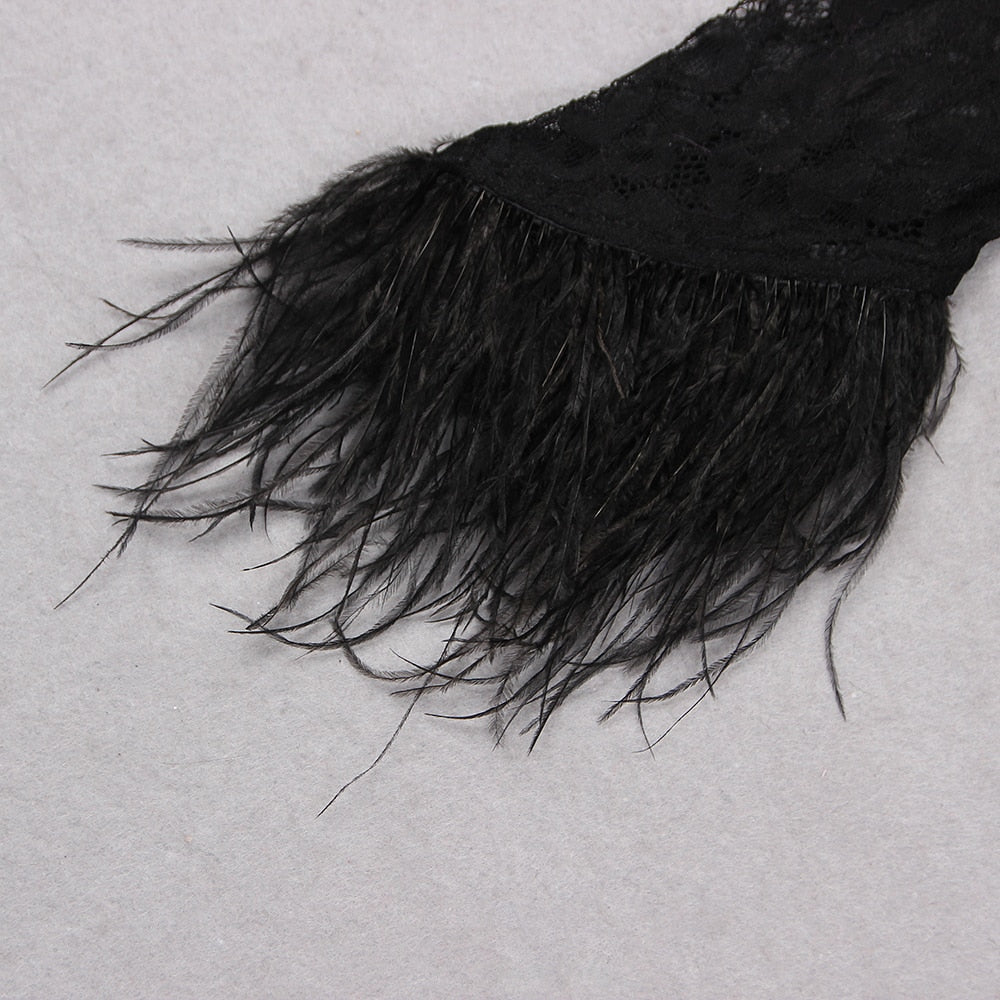 Black Lace Feather Splice Long Sleeve Maxi Dress