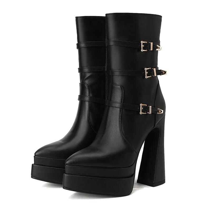 Thick Platform Buckled Mid Calf Boots