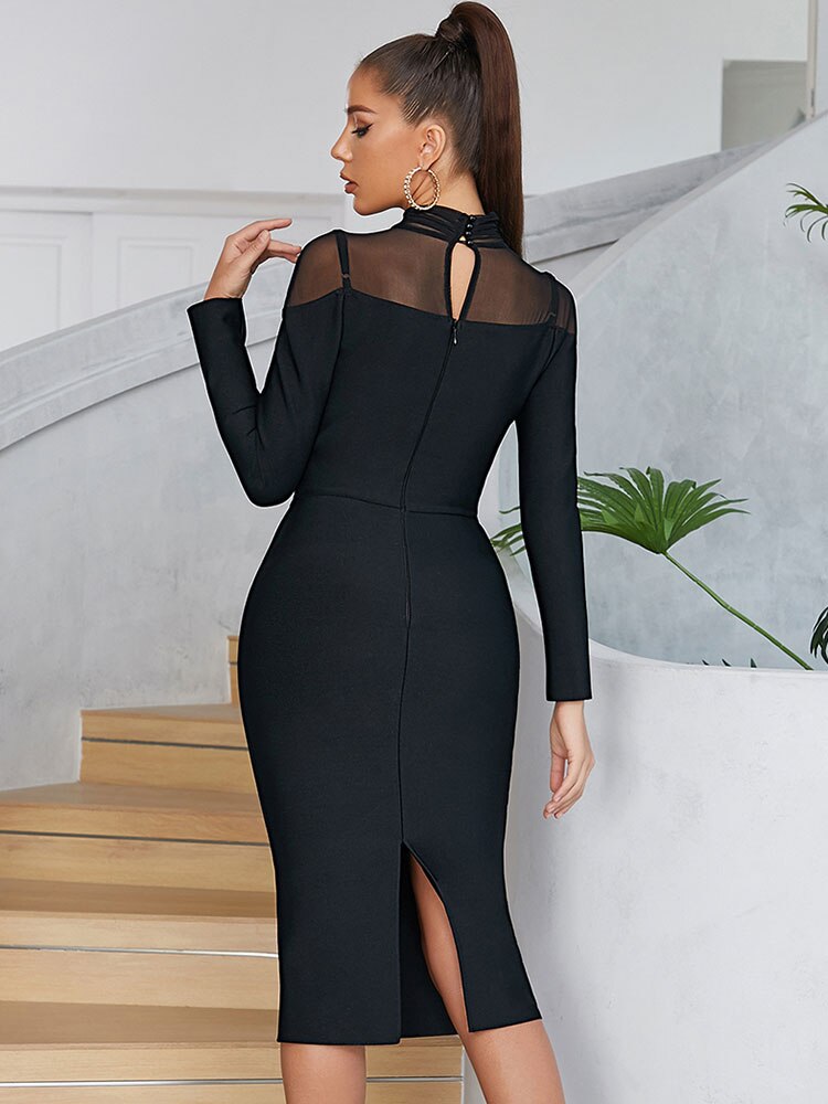Tulle Patchwork Stand Collar Long Sleeve Bandage Dress