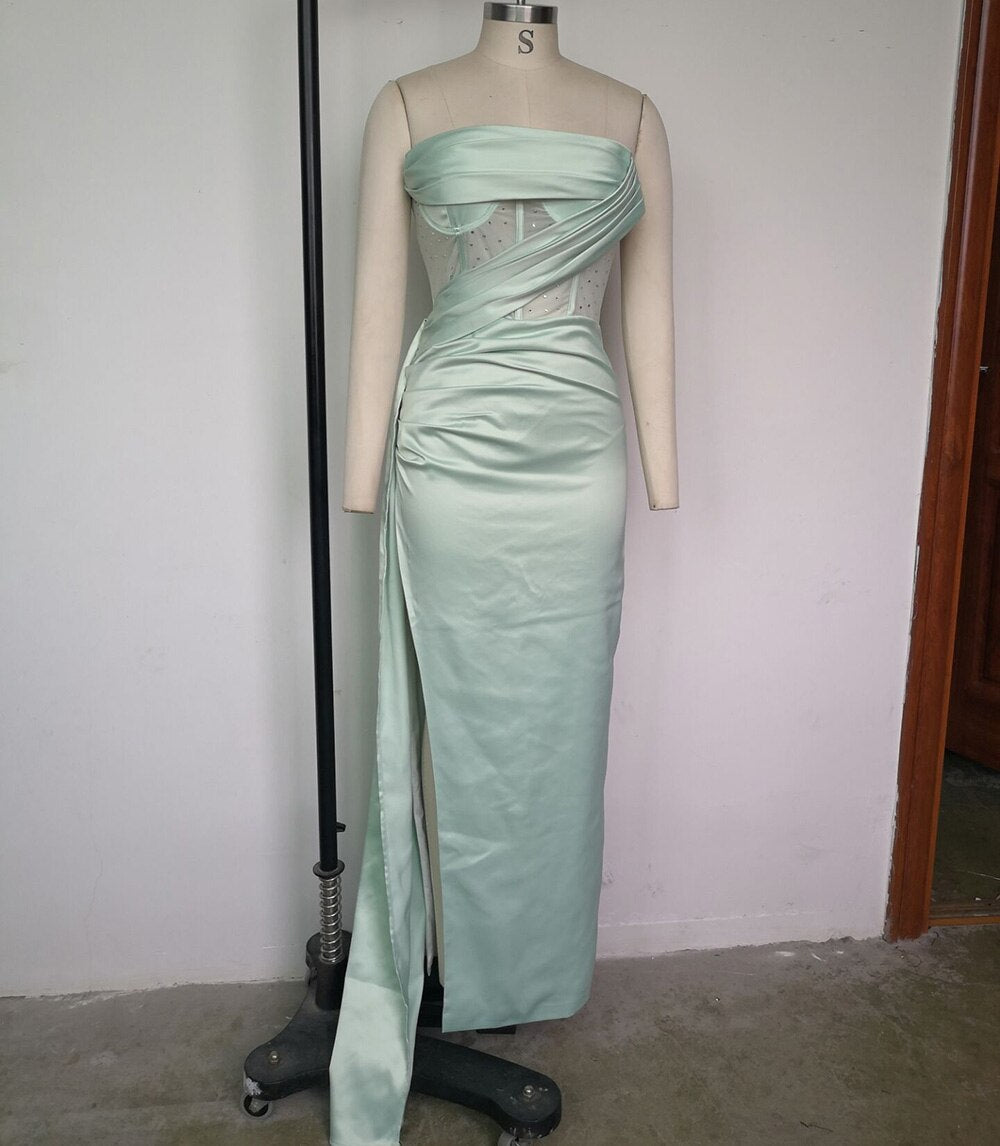 Satin Diamond Shoulder Less High Split Dress