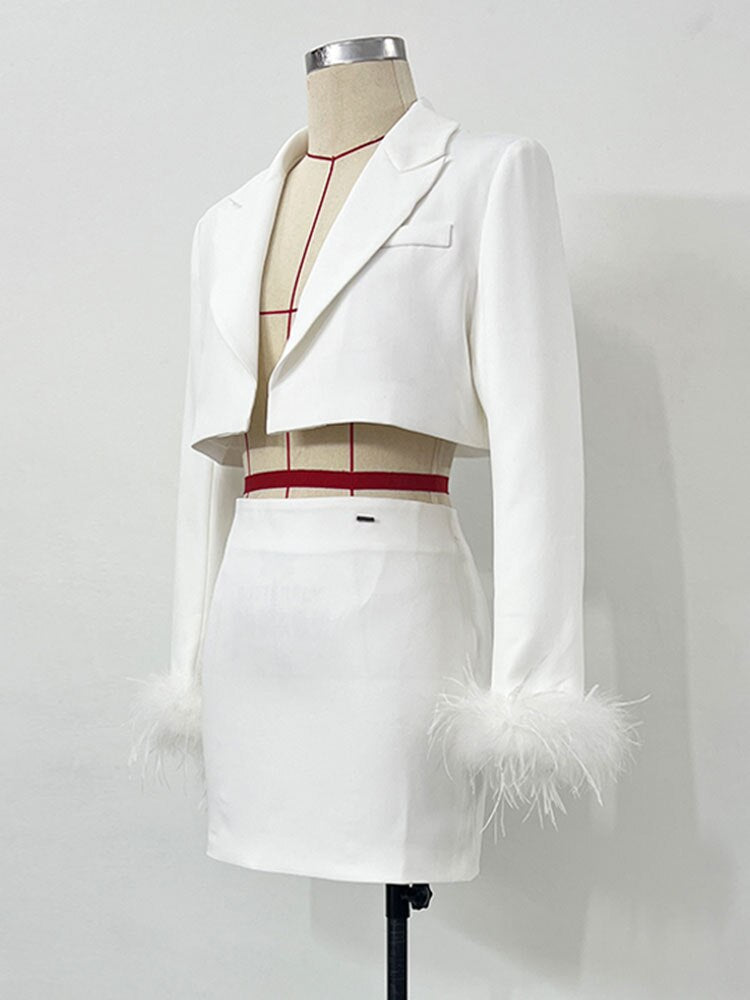 Long Sleeve Feather Short Cardigan Mini Skirt Set