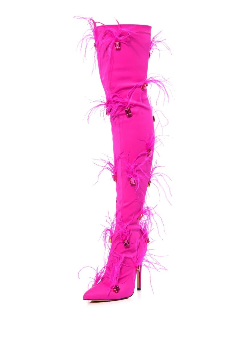 Feather Crystal Thigh High Heels Over The Knee Boots