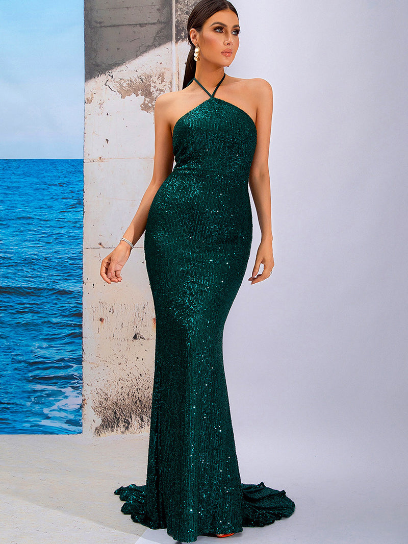 Tube Top Halter Sleeveless Tunic Sequin Mermaid Maxi Dress