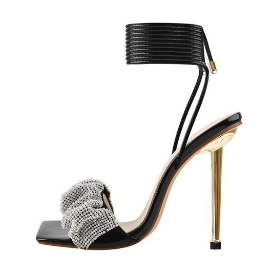 Square Toe Lace Up Metal High Heels Ankle Strap Crystal Sandals