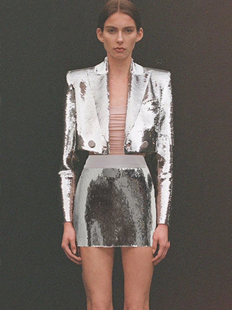 Sequins Mini Jacket Strass Diamonds Mini Skirt Set