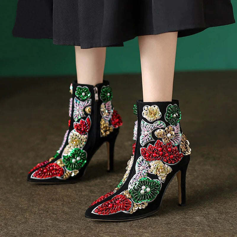 Pointed Toe Embroidery Crystal Ankle Boots