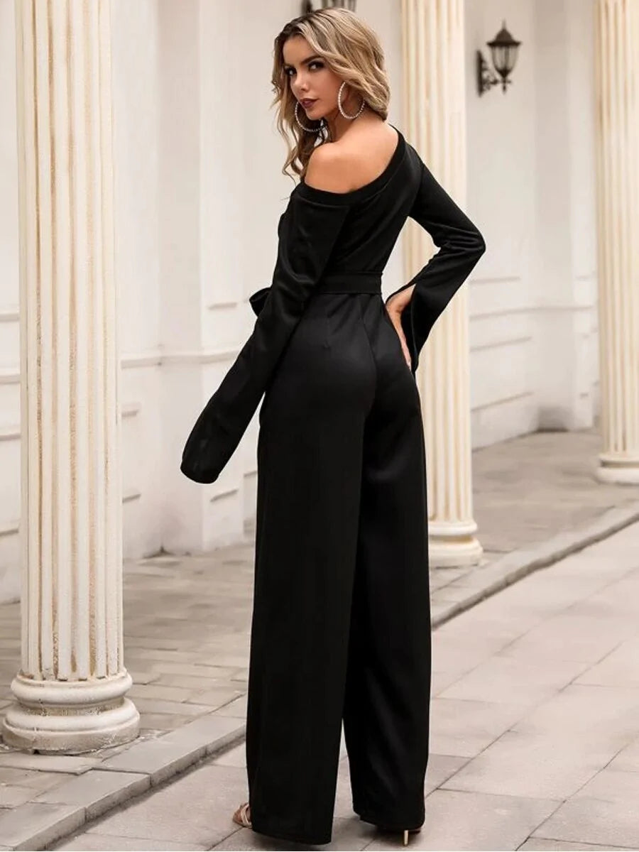 One Shoulder Long Sleeve Lace Up Jumpsuits