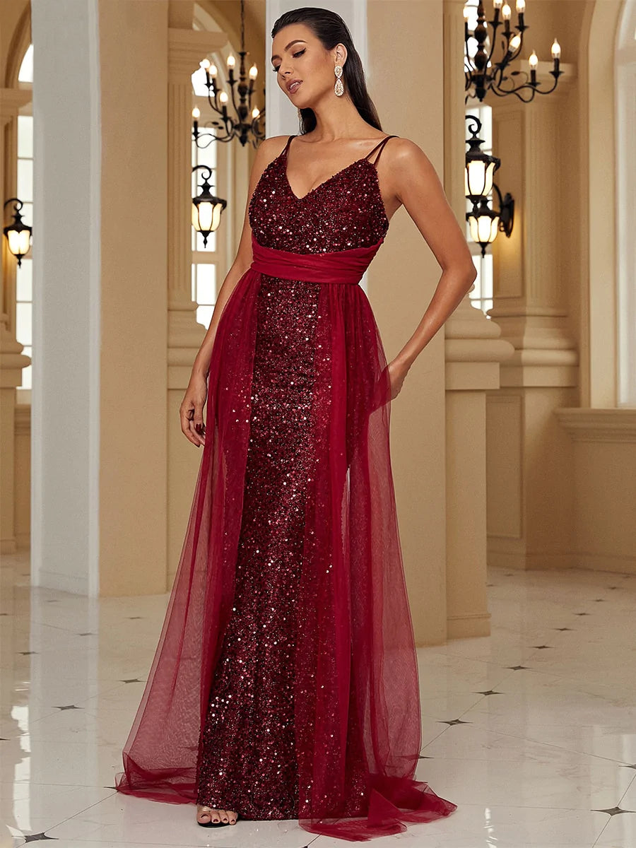 V Neck Sling Mesh Gown Robe Sequin Dress