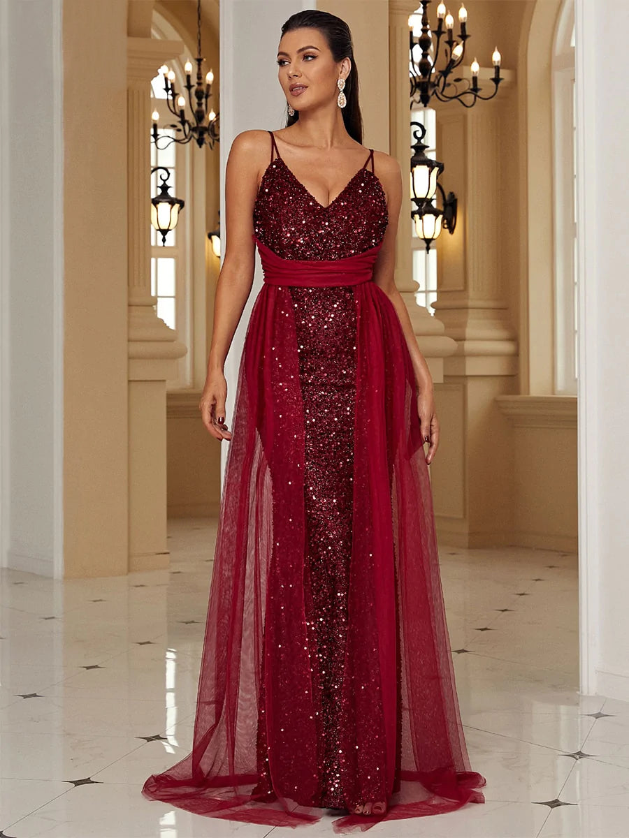 V Neck Sling Mesh Gown Robe Sequin Dress