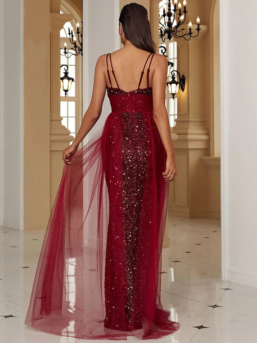 V Neck Sling Mesh Gown Robe Sequin Dress