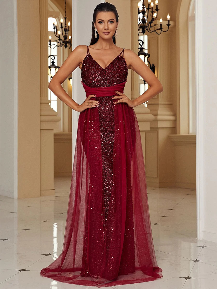 V Neck Sling Mesh Gown Robe Sequin Dress