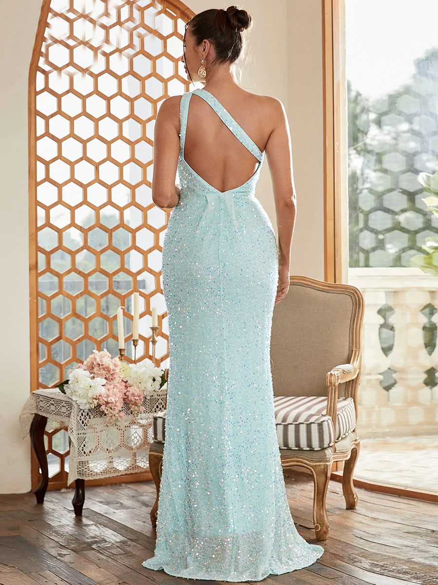 One Shoulder Split Backless Sleeveless Shiny Sequin Dress