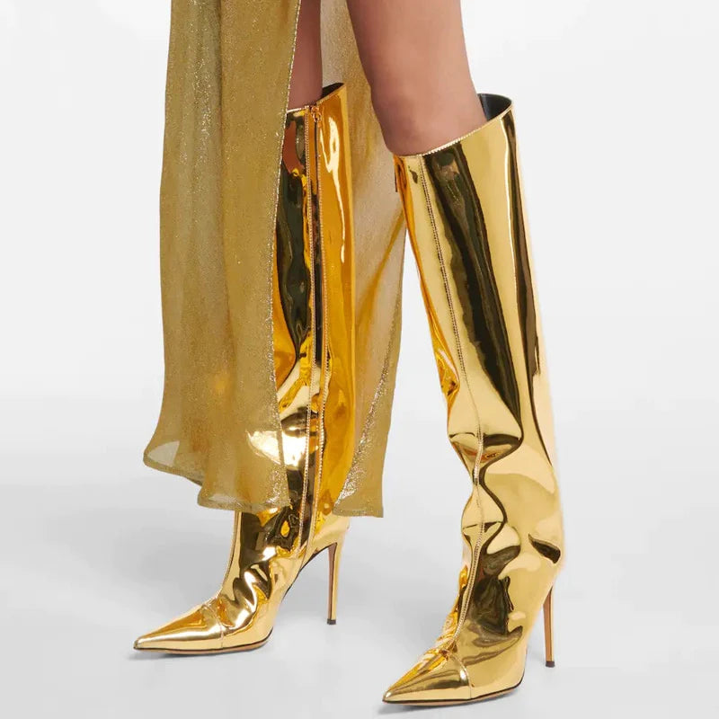 Shiny Patent Leather Pointed Toe Knee High Boots