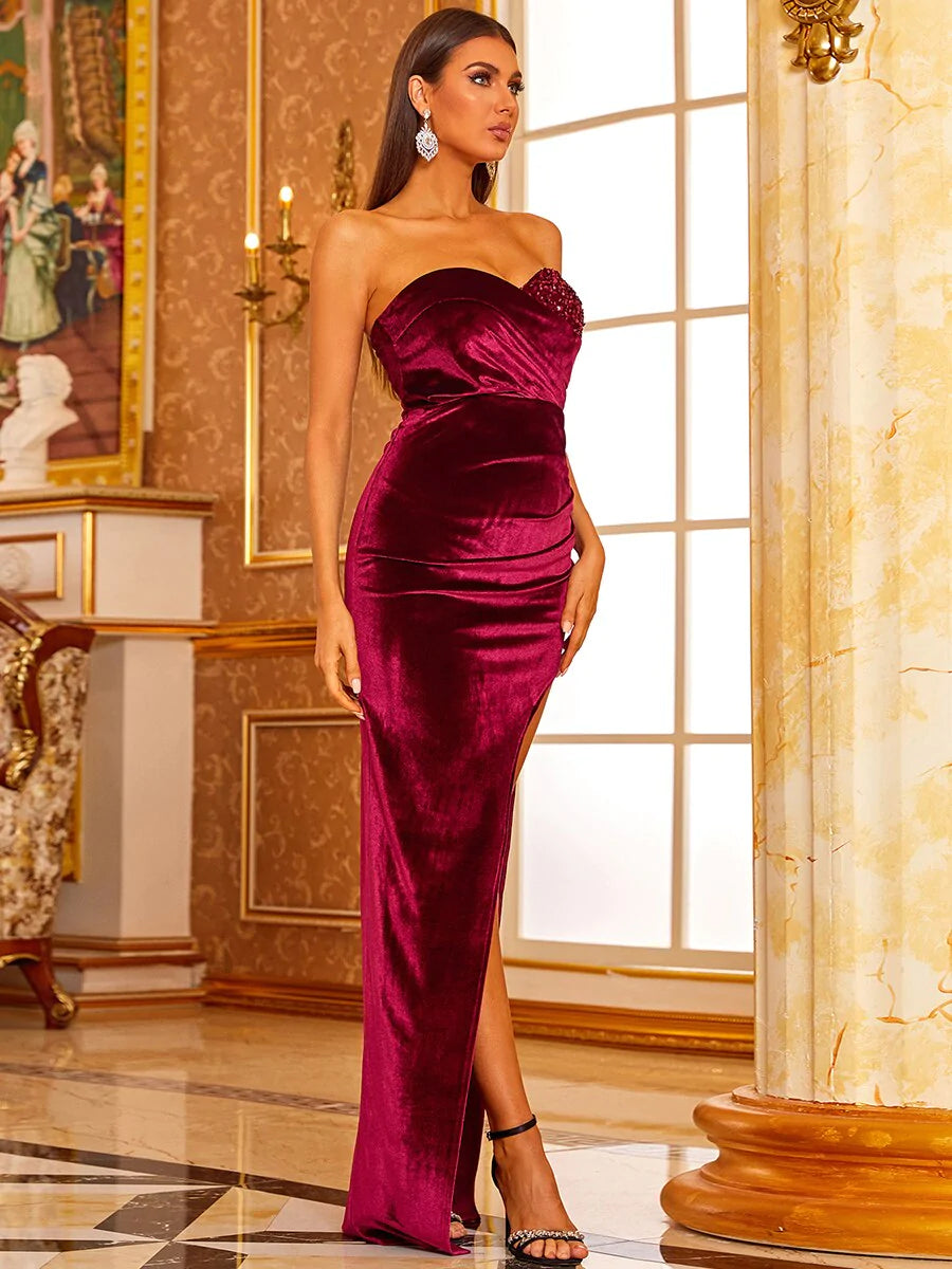 Strapless Velvet Sequins Split Thigh Long Dress