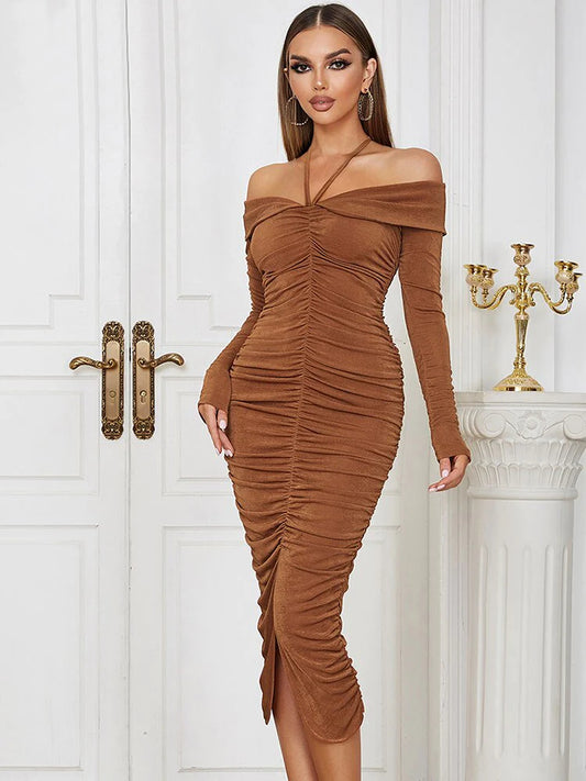 Off the Shoulder Strap Sleeve Draped Mid Dress