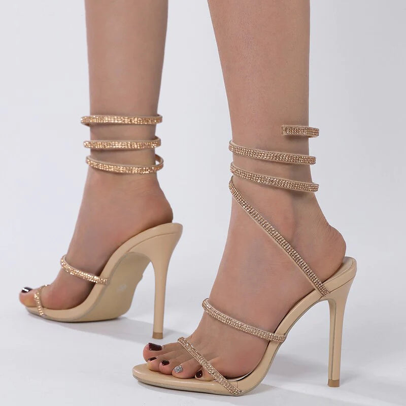 Open Toe Crystal Ankle Cross Strap Sandals
