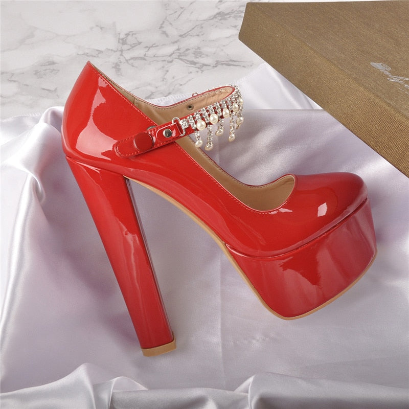 Pumps Ankle Strap Thick Round Heel Shoes